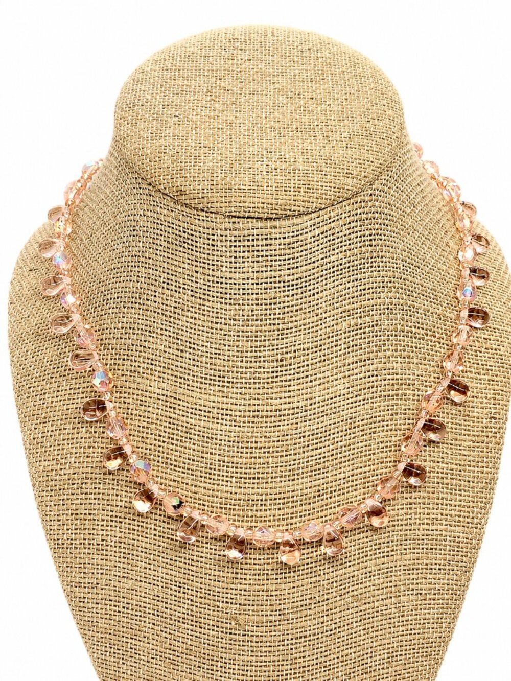 PINK GLASS NECKLACE AB Crystal Teardrop Dangle Beaded Choker 16 Inch